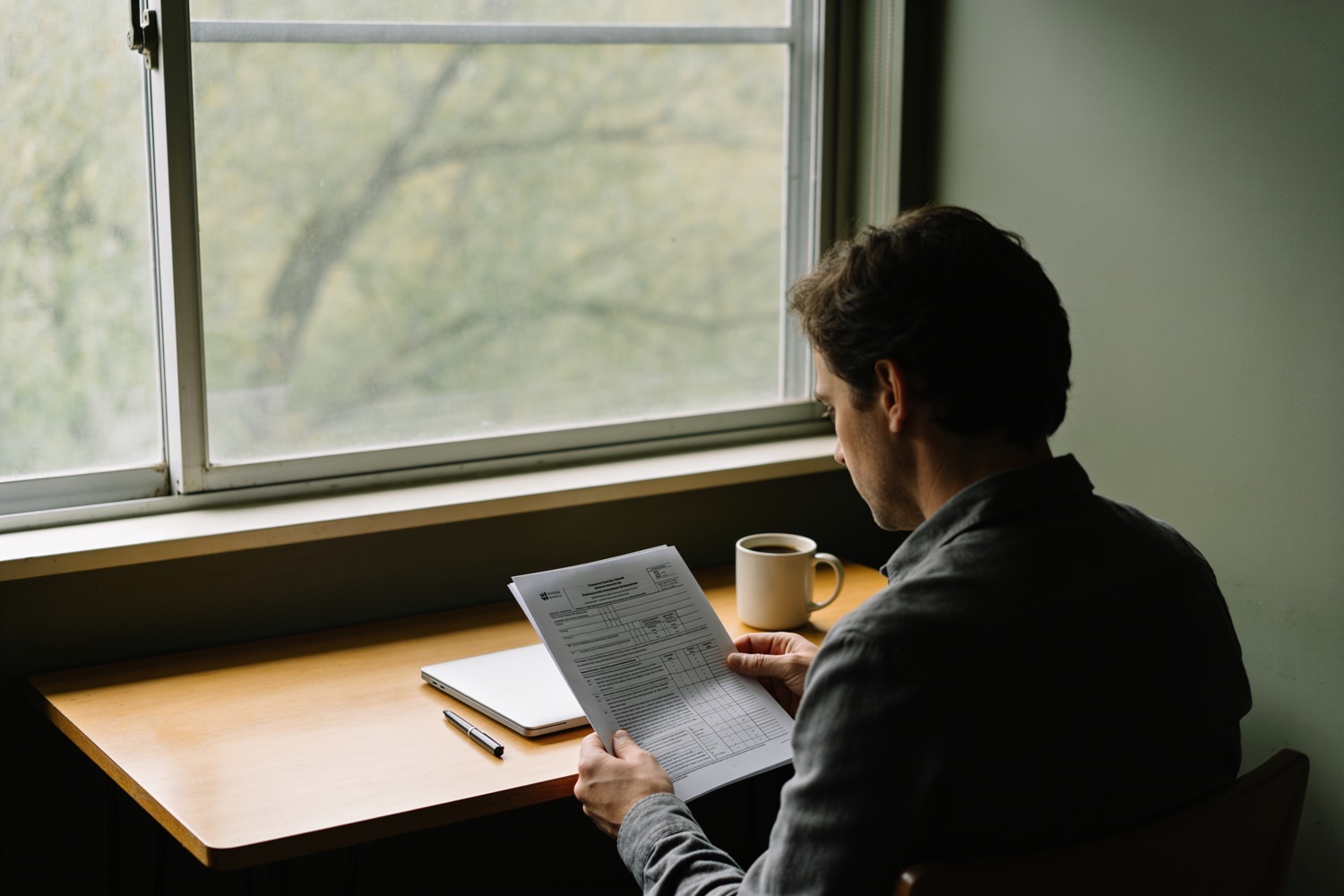 A person at a desk by a window, reviewing a printed statement.