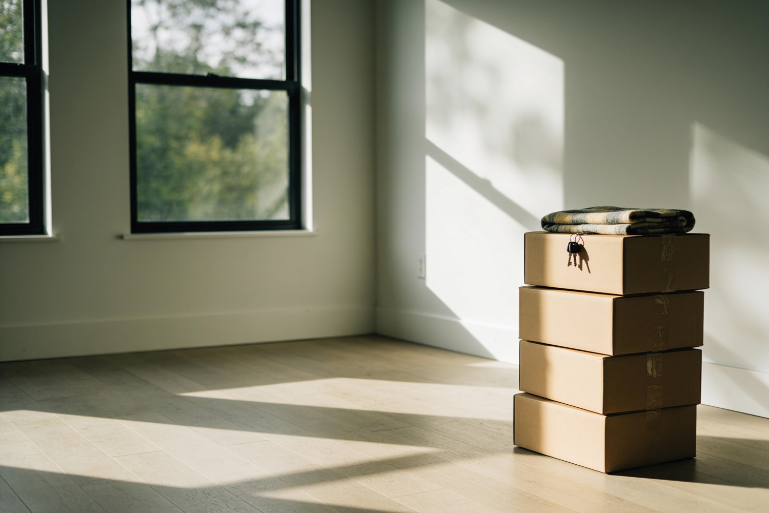 Sealed moving boxes with a set of house keys on top, in an empty, sunlit room.