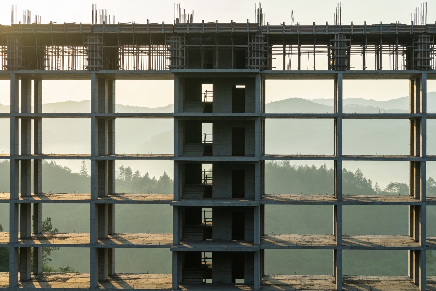 A mid-rise building under construction at dawn, finished at the bottom and bare formwork at the top.