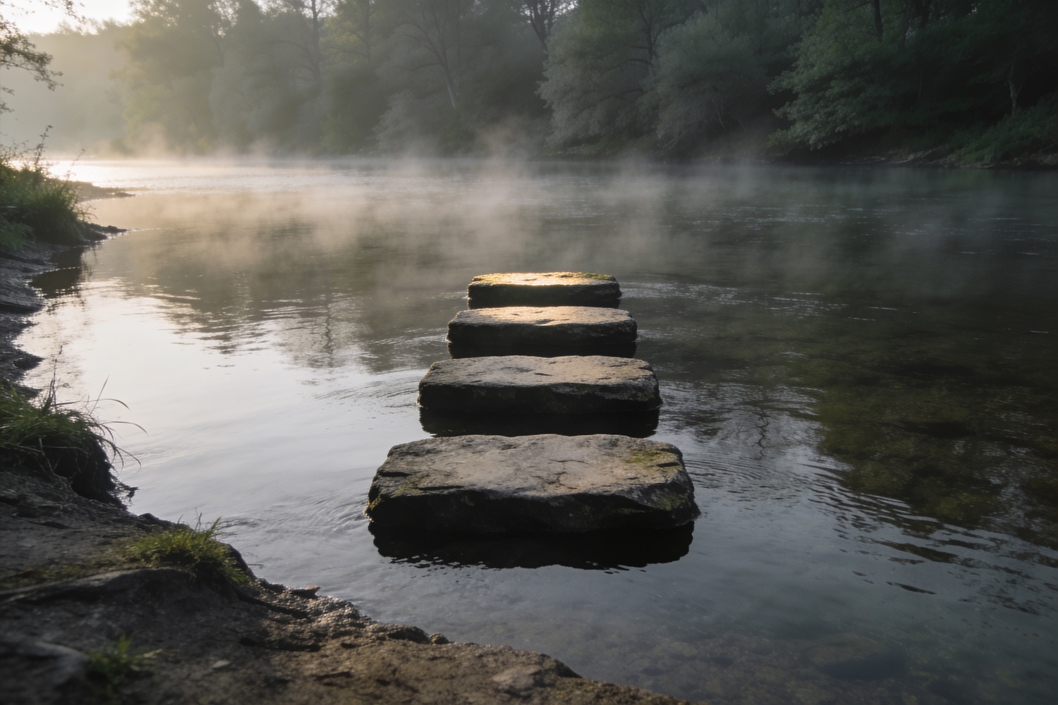 Four flat stepping stones crossing a calm river at first light.